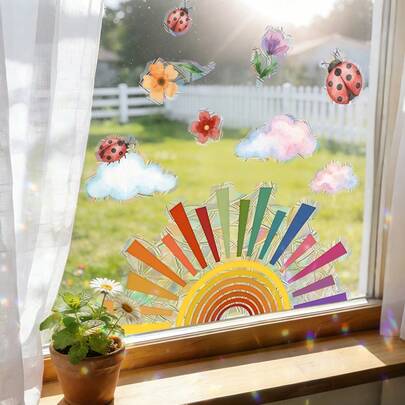 1pc Creative Window Sun-Catching Stickers, 3D Rainbow Laser Effect Static Cling Glass Film, Suitable For Bathroom, Kitchen, Living Room, And Room Decoration, Also Serves As An Anti-Collision And Bird Warning Sticker.