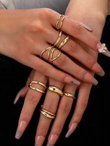 7pcs Gold Metal Thick Ring Set, A Complete Curated Stack Of Minimalist Criss-Cross Rings For Women. The Ultimate Stackable Jewelry Gift For Valentine's Day, New Year & Back To School Style. - Vàng - Xem 1