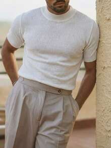 男士休闲百搭日常穿着同色系图案短袖高领衬衫，春夏款 - 白色 - 查看 1