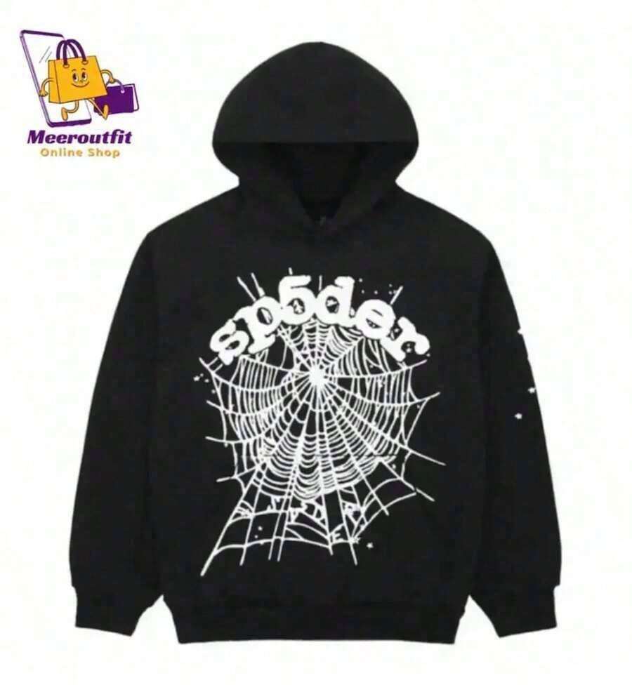 Black Hoodie | Spider Web Graphic, 2000s Streetwear Thickened Hooded Pullover With Pockets N4ETspring Outfit For Women - 黑色 - 查看 1