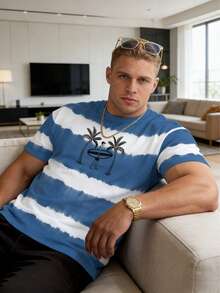 Plus Size Men's Fashionable White & Striped Ombre Print Short Sleeve T-Shirt, Casual Contrast Color Tee With Palm Tree Logo, Versatile For Daily Wear And Workout, Summer - Multicolor - View 2