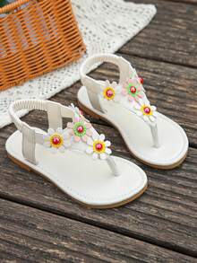 1 Pair Girls' Summer Flat Sandals, Fashionable Floral Slip On Solid Color Comfortable Casual Versatile Flip Flops, Suitable For Girls' Daily Wear In Summer - White - View 9
