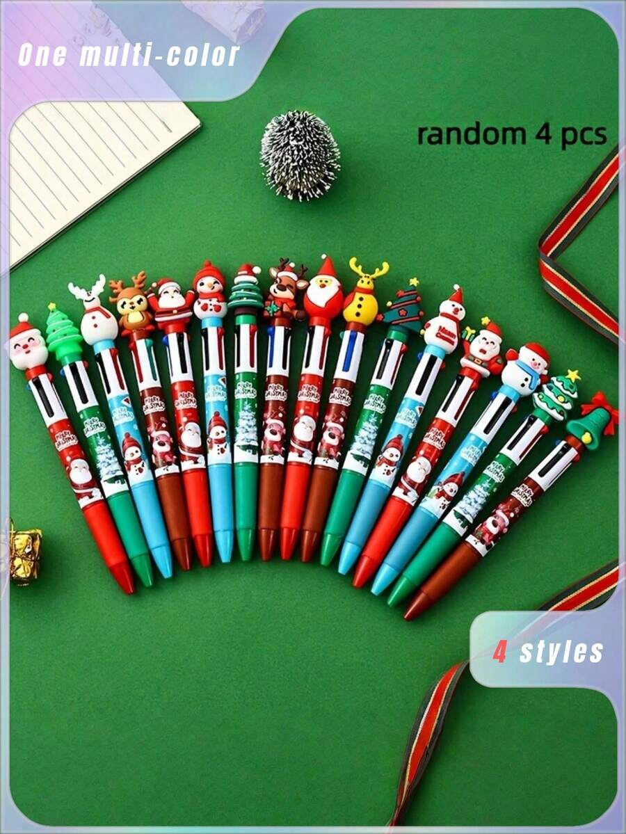 Set 4 pixuri neutre cu tematică de Crăciun, 4 opțiuni de culoare: modele cu Moș Crăciun, reni, om de zăpadă și brad de Crăciun - vârf retractabil ergonomic, peniță medie, material plastic durabil. Perfect pentru recompense pentru adolescenți, Crăciun, Halloween, cadouri de ziua de naștere și cadouri distractive de Crăciun cu pixuri neutre. - Multicolor - Vizualizare 1