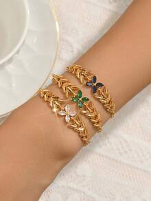 1件复古优雅铜质锆石花朵吊坠手链，日常及派对配饰，女士 - 彩色 - 查看 1