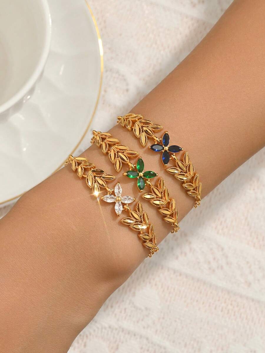 1件复古优雅铜质锆石花朵吊坠手链，日常及派对配饰，女士 - 彩色 - 查看 1