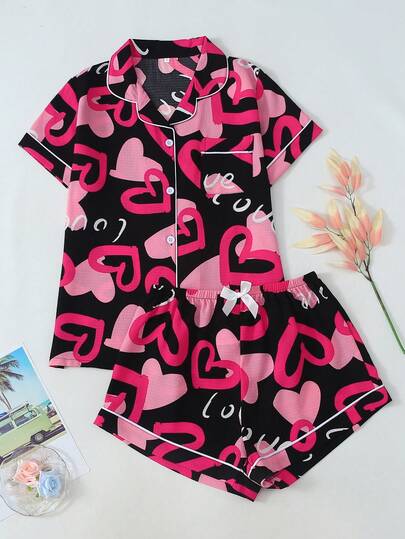 [Dreamery]Heart Print Women's Bubble Crinkle Short Sleeve Shorts Pajama Set
