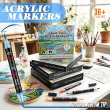 返校季双头丙烯马克笔套装，12/24/36/48/60/72/100/120色可选，软头和细头，水性速干防渗色，适用于陶瓷/金属/玻璃/织物/石材/塑料等材质，可用于艺术绘画/DIY手工/日记/陶瓷装饰等。 - 雙頭馬克筆 - 查看 4
