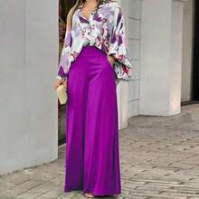 2026 Spring European And American Women's Clothing Loose Casual Elegant Suit Printed Shirt Top Wide Leg Pants Suit Women - 黑色 - 查看 4