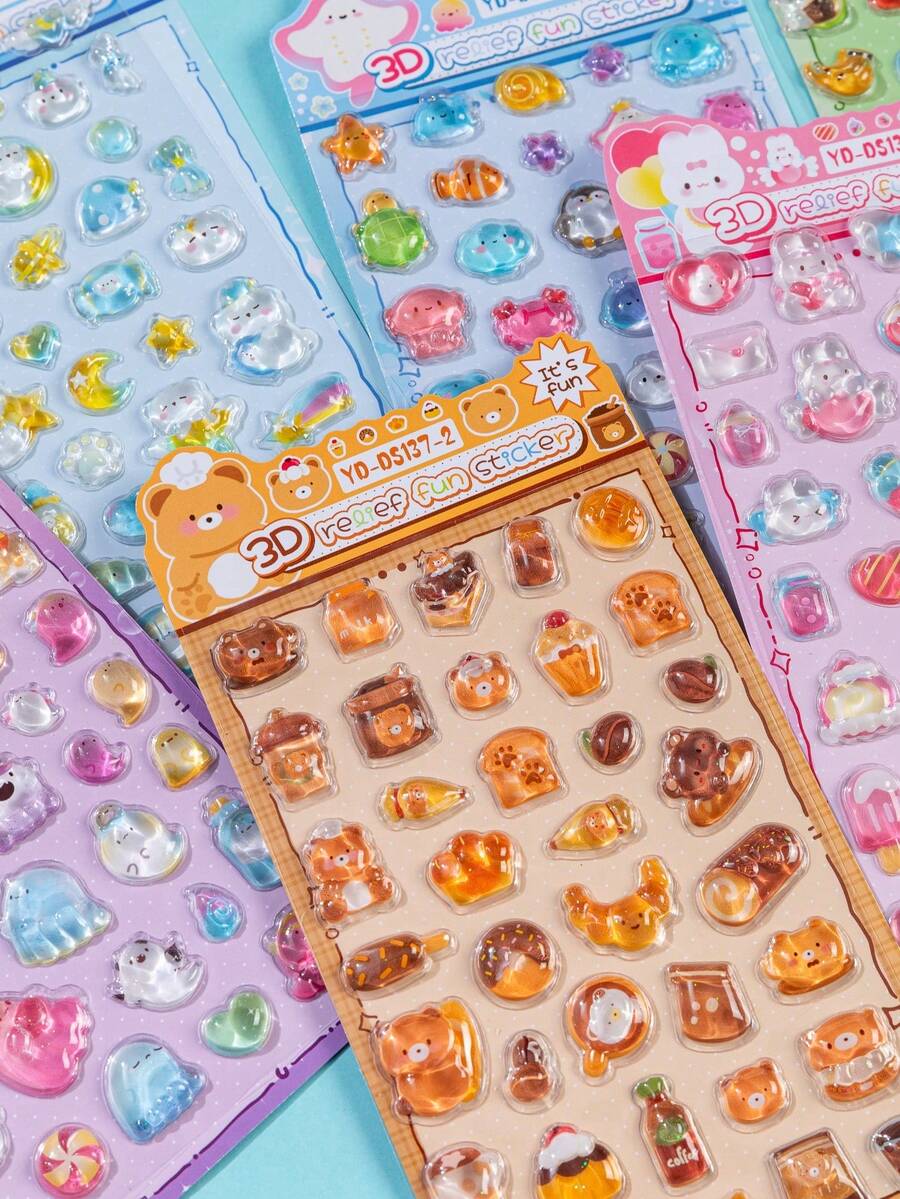 1 Set 2026 New Cute Animal Cartoon 3D Epoxy Resin Sticker Set, Phone Case Stickers, Themes Include Rabbit, Fruit, Food, Stars, Moon, Bear, Marine Animals, Cute Animals. Reusable Waterproof Stickers. - Multicolor - View 1
