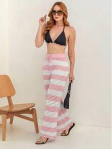 Beach Cover-Up Striped Drawstring Pants Crochet Blogger Luxury Elegant Knit Women's Fashion Summer Casual Beach Vacation - 淺粉色 - 查看 9