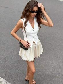 Solstice Apparel 泡泡褶高腰A字迷你裙，杏色梭织面料，通勤、日常、约会、春夏、情人节 - 杏色 - 查看 7