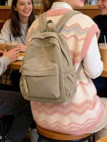 Solid Color Corduroy Fabric Women Backpack, Fashionable Versatile Minimalist Style, Back To School Essentials - Khaki - View 11