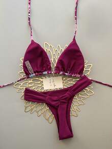 2026 Women's Summer Beach Watermelon Print Halter Tie Sexy Bikini Swimsuit Set Vacation - Blue - View 3