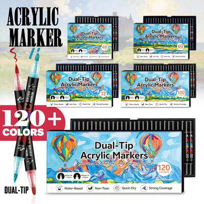 12-120 Colors Acrylic Markers Double Headed, Marker Pen Set,Durable, Fade-Resistant, Perfect For Artist Painting, Illustrations, Handcrafted Art,School Back-To-School Season For Coloring Books And Other DIY Projects,Suitable For Paper, Fabric, Wood, Rocks, Plastic, Glass, Ceramics, Pumpkins, Etc., Acrylic Paint Marker Pens For Students And Adults, Thanksgiving, Halloween, Christmas Gifts