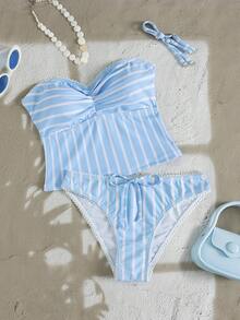 PEPPERMOLLY Light Blue & White Striped Cute Spaghetti Strap Bikini Set - Adorable Lace Trim & Bow Decorated Panty, Slim Fit Swimwear For Beach Vacation Summer - Blue and White - View 3