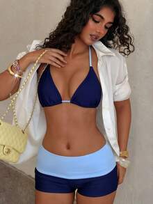 女士比基尼泳衣，复古日常浅蓝色藏蓝色沙滩装/健身裤外套/休闲/Y2K风格/性感西部风女装/波西米亚风/鸡尾酒会/复古/紧身/嘉年华/优雅/老钱/街头时尚/春夏假日度假 - 深藍色 - 查看 5