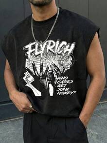 Men's Sleeveless T-Shirt With Rich Letter Slogan & Money Hand Graphic, Casual Fitness Street Fashion Muscle Tank Top, Soft Touch, Summer - Black - View 1