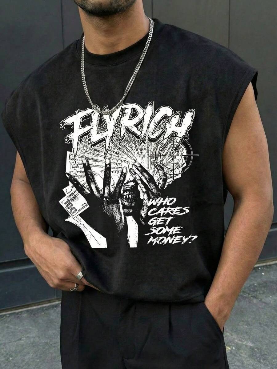 Men's Sleeveless T-Shirt With Rich Letter Slogan & Money Hand Graphic, Casual Fitness Street Fashion Muscle Tank Top, Soft Touch, Summer - Black - View 1