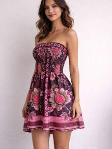 Short Strapless Printed Dress With Elastic For Summer And Festivals, 2026 . - 印度玫瑰 - 查看 2