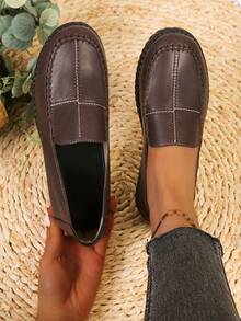 中老年女性软底舒适不疲劳真皮鞋，新款百搭休闲乐福鞋，妈妈休闲鞋 - 棕色 - 查看 1