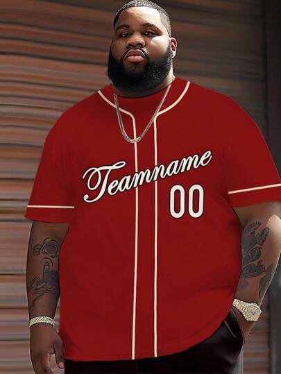 Camiseta de manga corta de estilo béisbol retro para hombres de talla grande, con ribete de contraste burdeos y blanco, estampado del nombre del equipo y el número "00", para uso casual, deportivo, de fiesta y verano