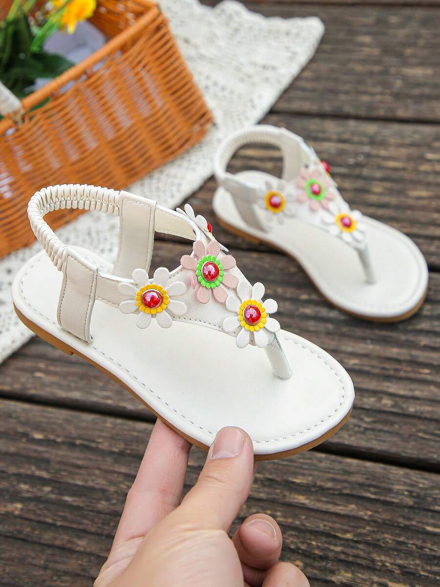 1 Pair Girls' Summer Flat Sandals, Fashionable Floral Slip On Solid Color Comfortable Casual Versatile Flip Flops, Suitable For Girls' Daily Wear In Summer - White - View 1