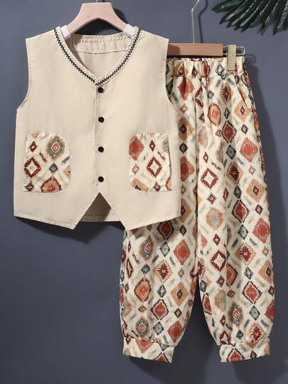 طقم قميص بلا أكمام وبنطلون مطبوع بنقشة معينية للأولاد، ملابس صيفية كاجوال
