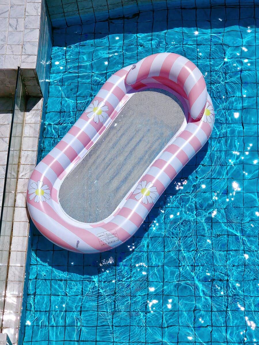 Pink Striped Daisy Print Mesh Inflatable Floating Pool Lounge Chair, Summer Water Fun - Pink - View 1