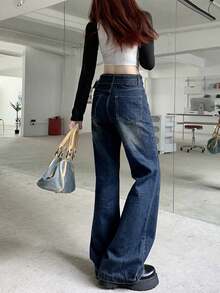 OJOK 新款 Y2K 风格水洗蓝色直筒阔腿女式牛仔裤（含腰带） - 藍色 - 查看 8