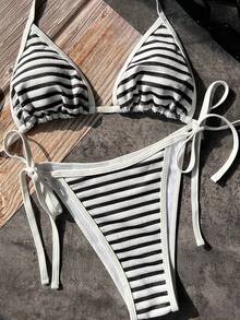 Summer Vacation Swimwear Series, Black & White Striped Spaghetti Strap Triangle Bikini Set, Sexy Fitted Women's Swimsuit, Striped Tie-Up Bikini Set, Beach Vacation Fashionable Swimsuit Set - Black and White - View 6