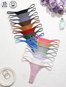 15pcs Solid Color Comfortable Cotton Women's Thong Panties - Multicolor - View 1