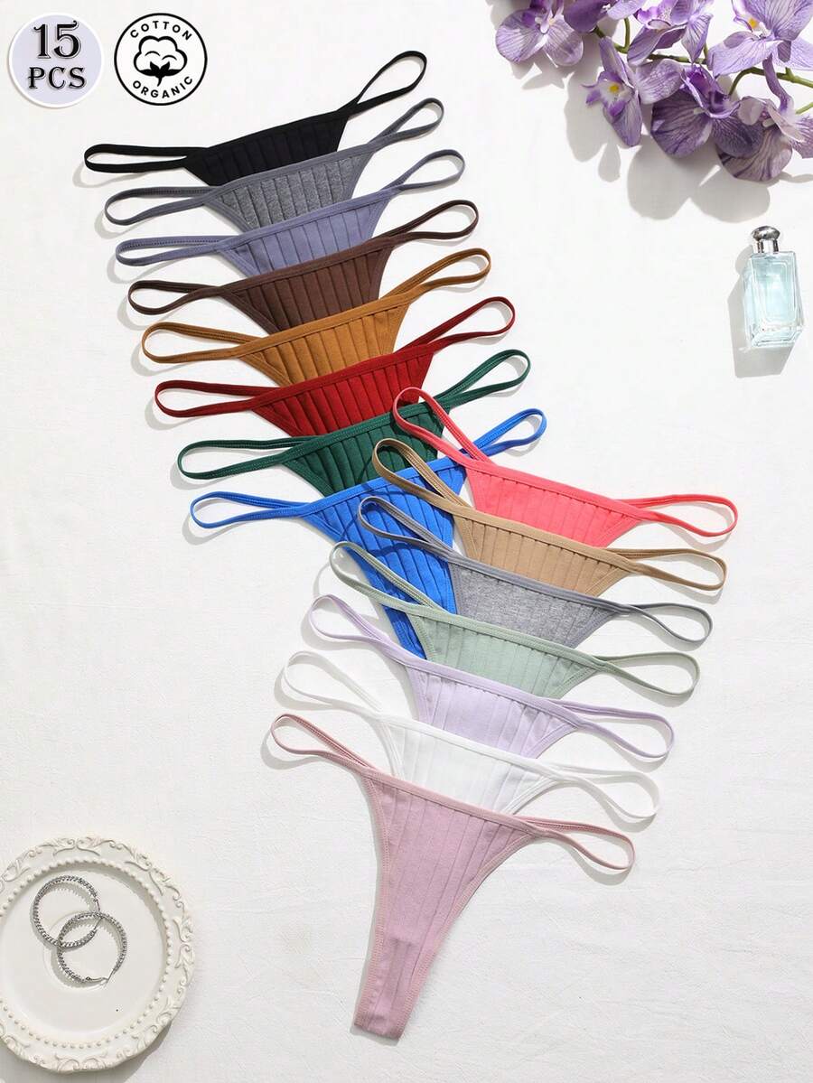 15pcs Solid Color Comfortable Cotton Women's Thong Panties - Multicolor - View 1