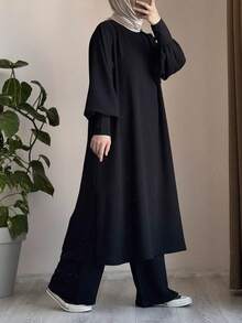 Conjunto de pantalones holgados y blusa de manga farol de cuello redondo en unicolor negro, estilo árabe elegante y modesto para mujer - Negro - Ver 3