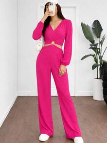 Beautiful Summer Fashion Palazzo With Solid Color, Side Cuts And Texture - 玫紅色 - 查看 3