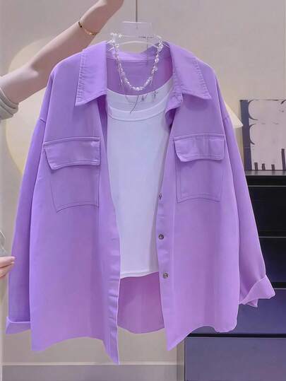 Chemise à manches longues avec boutons violets pour femmes, col chemisier, coupe régulière en tissu tissé, convient pour le port casual au printemps