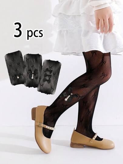 3 Pairs Girls' Heart Hollow Mesh Stockings, Candy Color Leggings For Princess Lolita Outfit, Ultra-Thin For Summer