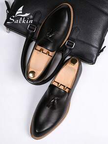 Salkin 经典复古设计师男士一脚蹬乐福鞋，优雅绅士流苏皮鞋，透气纯色，防滑耐用鞋底，适合休闲、商务、正式场合、毕业典礼、婚礼、春夏秋季，加大码 - 黑色 - 查看 10