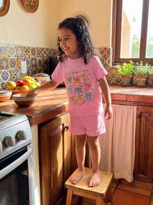 Little Toddler Girl Summer Outfit Bow Letter Print Short Sleeve T-Shirts And Solid Shorts 2 Piece Set - Pink - View 4