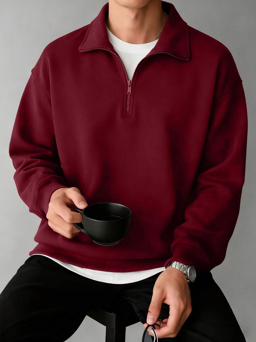 Sudadera casual de manga larga con cuello alto, cremallera y media cartera, versátil para uso diario en otoño/invierno para hombres - Burdeos - Ver 1