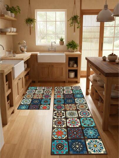 1pc Bohemian Floral Tile Design, Suitable For Indoor And Outdoor Use At Entryway, Hallway, Balcony, Living Room And Bedroom. As A Floor Mat, It Provides Comfort And Durability. Kitchen Rug, Kitchen Mat, Kitchen Carpet, Door Mat, Small Rug, Carpet, Runner, Floor Mat, Home Decor, Area Rug, Outdoor Mat, Home Decoration, Area Carpet, Bedroom Carpet, Washable Carpet, Suitable For Party Decoration, Enhancing Home Style, Necessary Decor To Add Holiday Charm