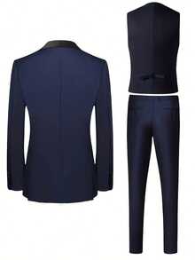 Men's 3-Piece Suit, Suit Jacket + Vest + Trousers, Business Casual, Stylish And Elegant, High-Quality Men's Suit, Suitable For Weddings, Business, Parties - 藏蓝色 - 查看 3