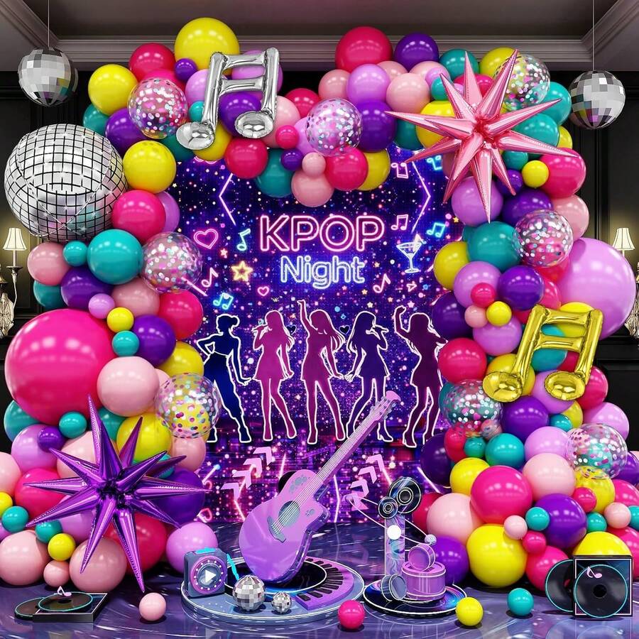 135件組 K-Pop 演唱會主題氣球拱門套裝,包含爆裂星、迪斯可和音符箔氣球,以及多種顏色和閃亮箔乳膠氣球,適合生日派對、演唱會和其他場合 - 彩色 - 查看 1