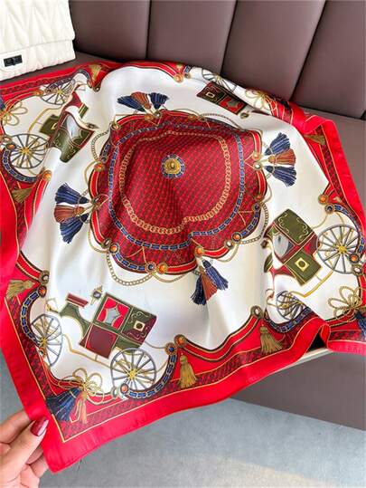 1pc New Vintage Palace Carriage Printed Soft Warm Scarf, Fashion High-End Breathable Sunscreen Shawl Headscarf For Women, Suitable For Travel, Vacation, Beach