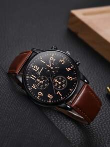 Men's Casual Fashion Round Quartz Watch Set, Suitable For Daily Wear, Also An Ideal Birthday Gift Or Friend Gift, Does Not Include Gift Box - Brown - View 5