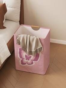 1pc Butterfly Pattern Printed Open-Top Storage Box, Foldable Storage Laundry Basket Bag With Wooden Handle, Home Bathroom Collapsible Dirty Clothes Hamper - Multicolor - View 3