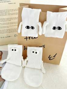 4 Pairs Embroidered 3D Eye Design Pullable Mid-Calf Socks, Suitable For Best Friends/Couples - Multicolor - View 6