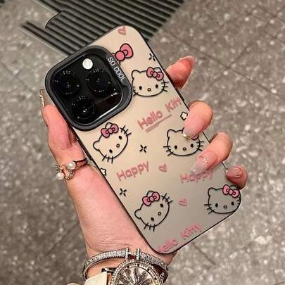 Sanrio 1个黑色和彩色闪光全屏卡通猫咪手机壳 - 兼容 17 Air 16 15 14 13 12 11 Pro Max Plus，简约时尚手机壳