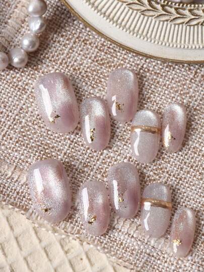 10pcs Acrylic Short Nail Art Set, Pink Cat Eye Glitter Nail Stickers, Suitable For Daily Wear, Short Office Nails, Set Includes 1 Adhesive Sticker Sheet And 1 Mini Nail File Nail Supplies