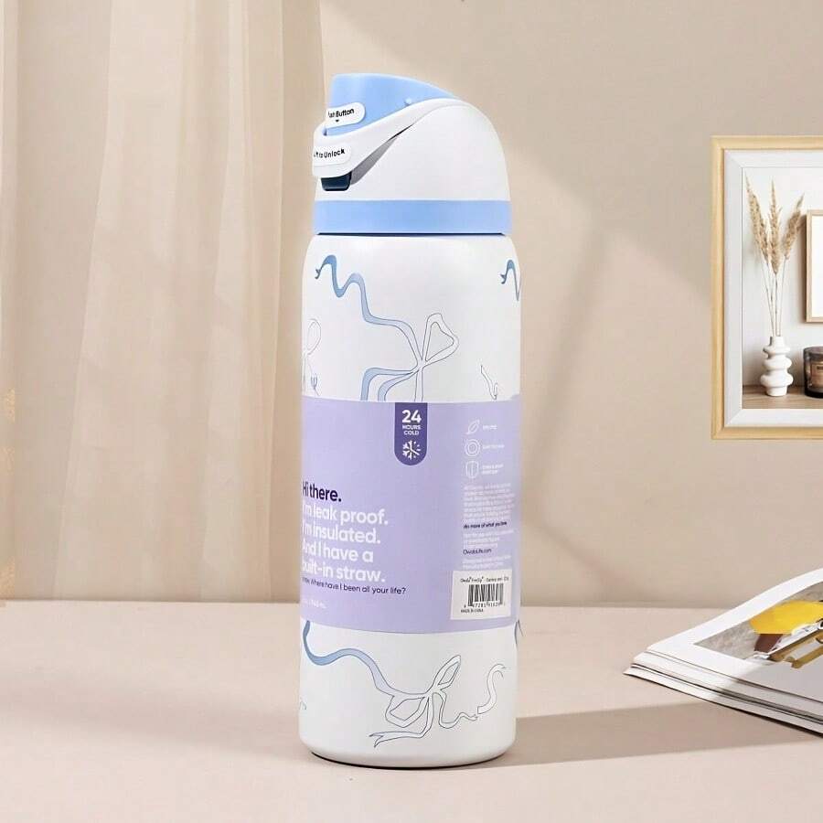 24oz /32oz Stainless Steel Insulated Water Bottle With Straw, Portable Coffee Mug Suitable For Hot & Cold Drinks, Fitness And Cycling Water Bottle, Leak-Proof Lid Travel Cup For Camping, Hiking, Driving, Outdoor Activities - Nơ cổ màu xanh dương - Xem 1