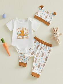 Conjunto de 3 piezas de trajes de Pascua para bebés varones, mameluco de manga corta con estampado de conejito, pantalones y gorro, ropa para recién nacidos - Blanco - Ver 3